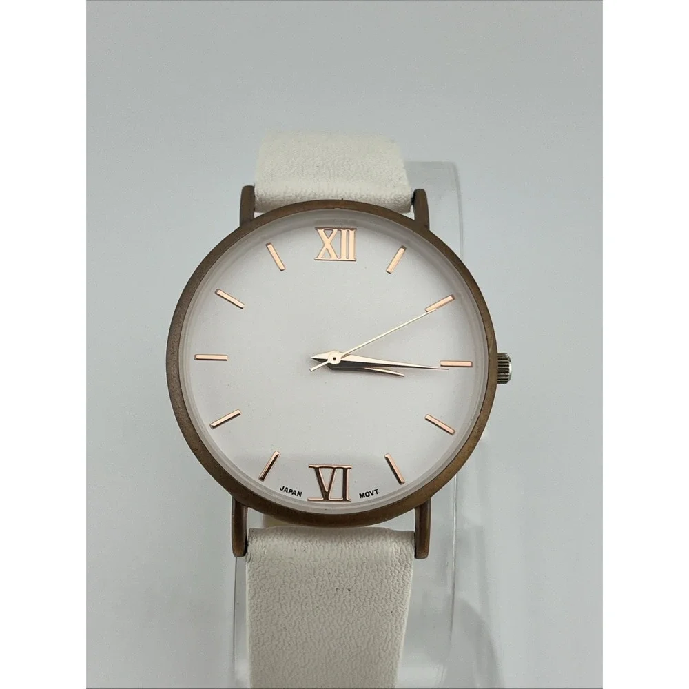 QRTZ Watch Women 36mm Brone Case White Faux Leather Band- New Battery